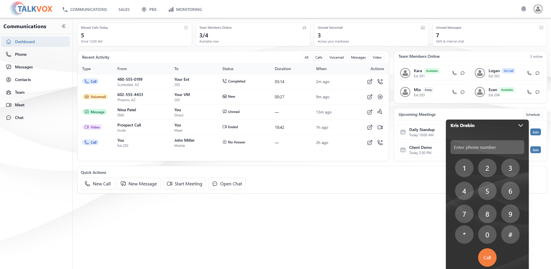 TALKVOX communications dashboard showing calls, messages and softphone dialpad.